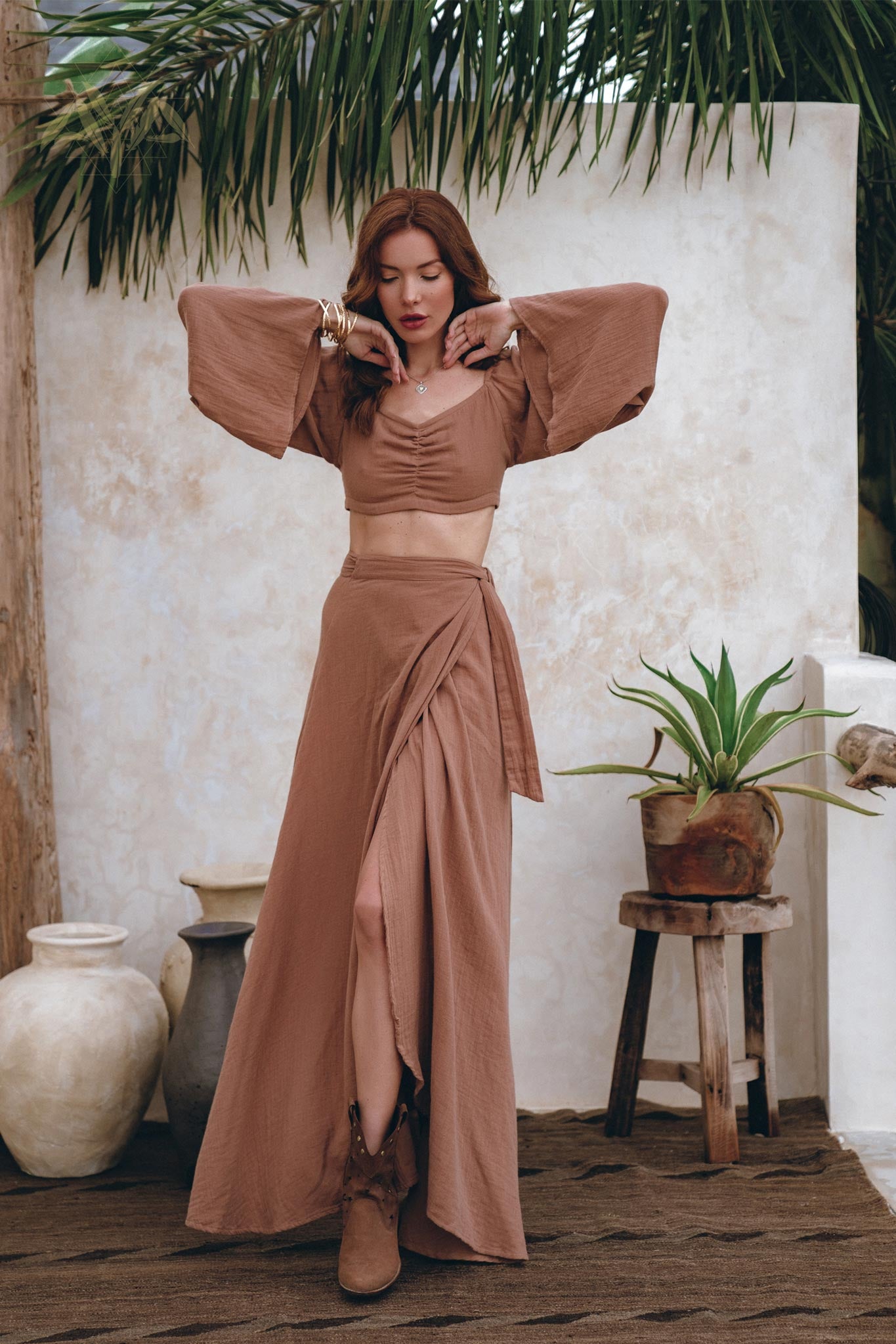 Open Belly Matching Top and Skirt • Latte Tank Top and Maxi Skirt - AYA Sacred Wear