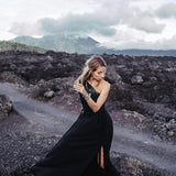 Organic Black Boho One Shoulder Dress • Black Wedding Dress - AYA Sacred Wear