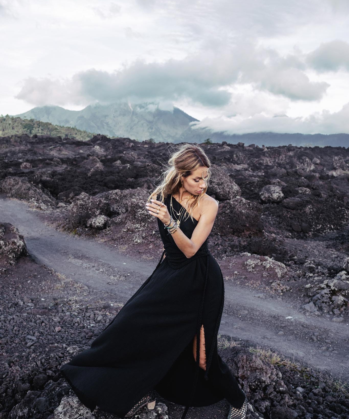 Organic Black Boho One Shoulder Dress • Black Wedding Dress - AYA Sacred Wear