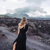 Organic Black Boho One Shoulder Dress • Black Wedding Dress - AYA Sacred Wear