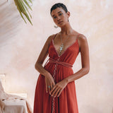Organic Red Cotton Maxi Dress • Sleeveless Hand Embroidered Dress - AYA Sacred Wear
