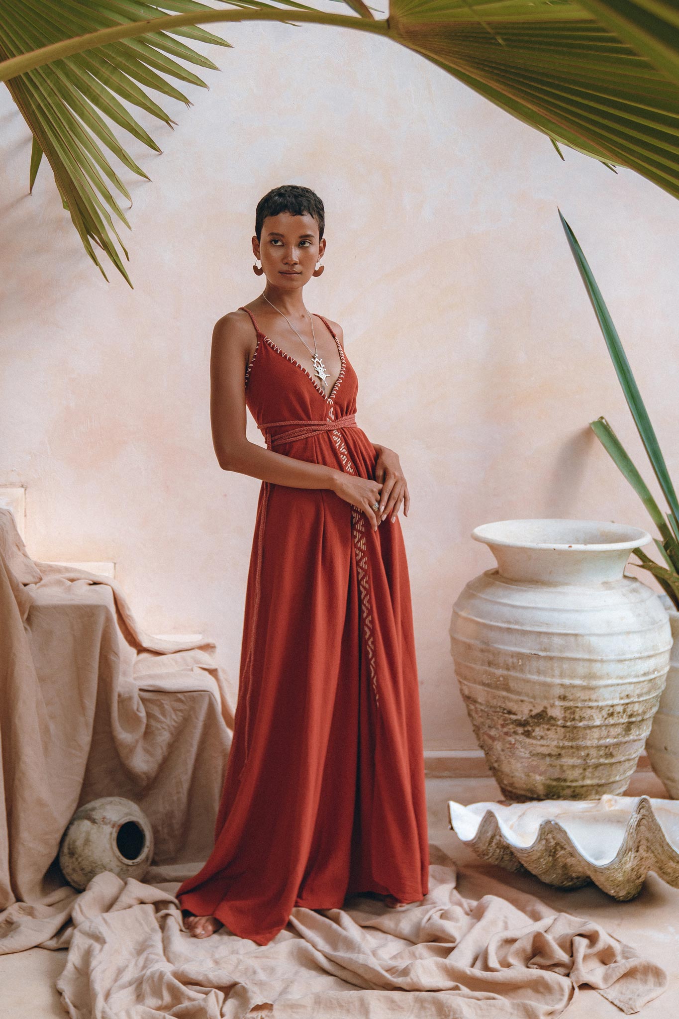 Organic Red Cotton Maxi Dress • Sleeveless Hand Embroidered Dress - AYA Sacred Wear