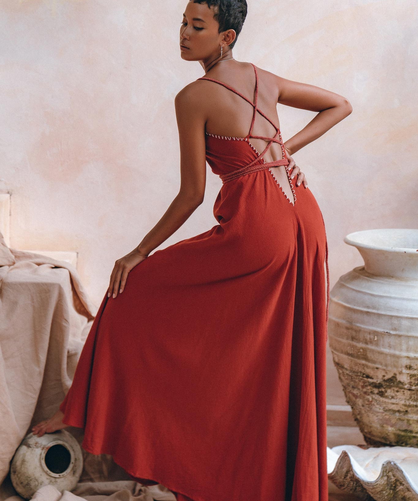 Organic Red Cotton Maxi Dress • Sleeveless Hand Embroidered Dress - AYA Sacred Wear