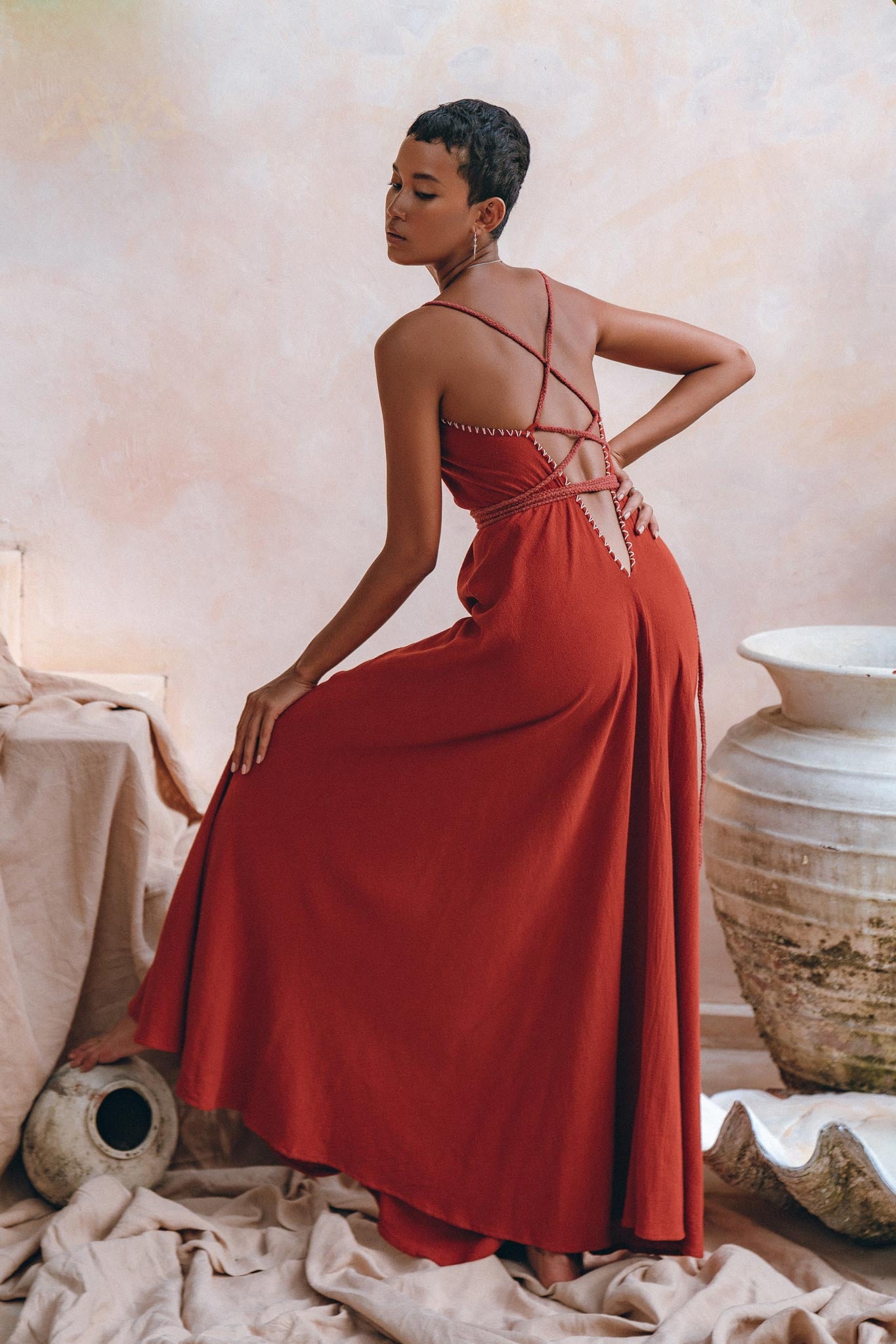 Organic Red Cotton Maxi Dress • Sleeveless Hand Embroidered Dress - AYA Sacred Wear