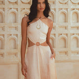 Elegant Beige Greek Dress featuring adjustable straps for waist comfort. Unique ombré effect created through organic botanical dye process