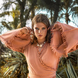 Pale Orange Boho Top • Bohemian Wrap Top Women • Wide Sleeve Top - AYA Sacred Wear