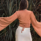 Pale Orange Boho Top • Bohemian Wrap Top Women • Wide Sleeve Top - AYA Sacred Wear