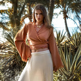 Pale Orange Boho Top • Bohemian Wrap Top Women • Wide Sleeve Top - AYA Sacred Wear