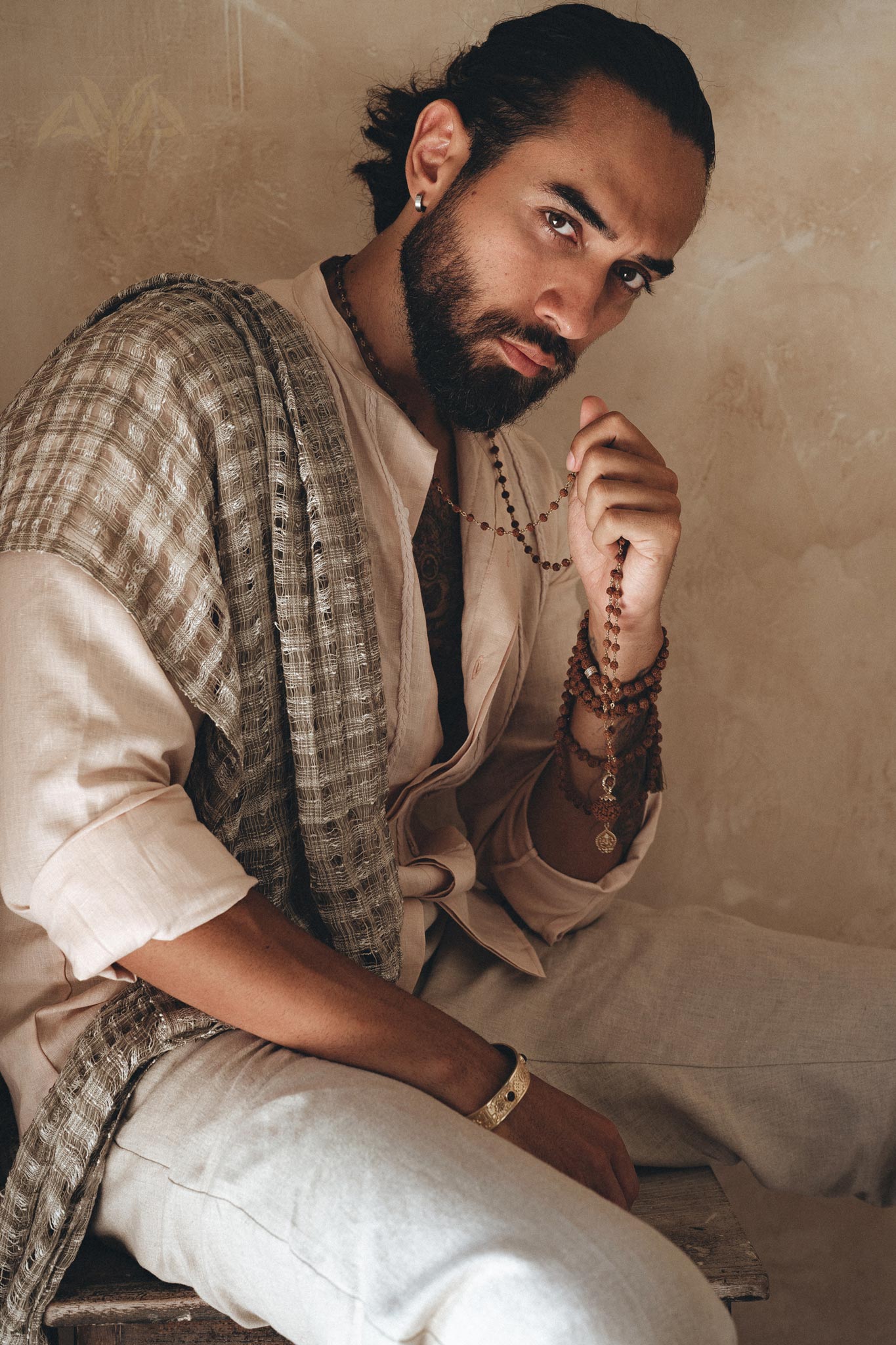 Pale Pink Linen Shirt for Men with Handmade Braids - AYA Sacred Wear