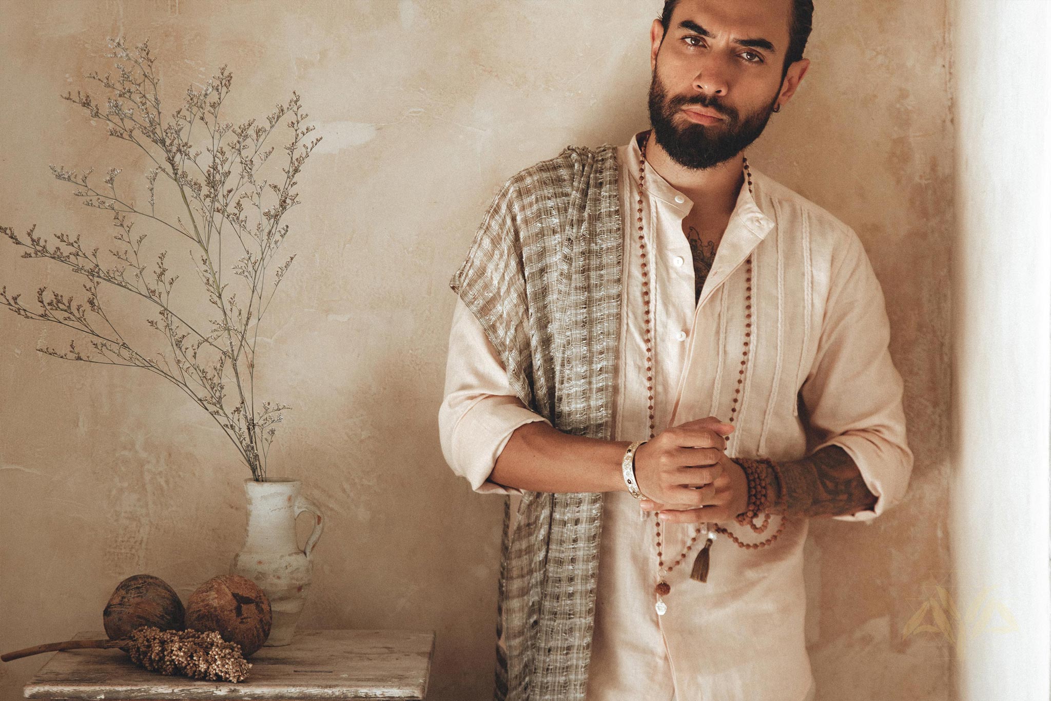 Pale Pink Linen Shirt for Men with Handmade Braids - AYA Sacred Wear
