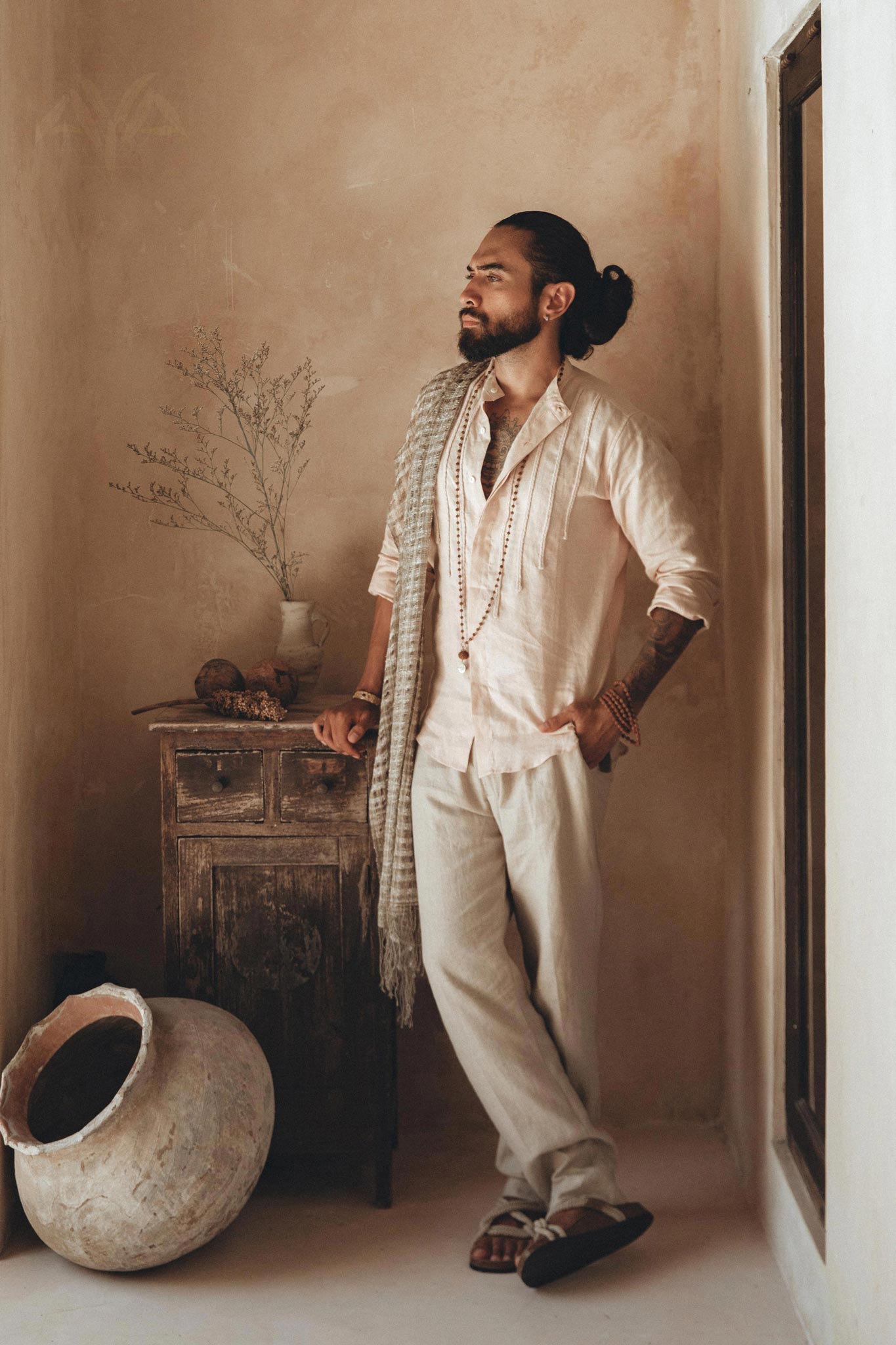 Pale Pink Linen Shirt for Men with Handmade Braids - AYA Sacred Wear