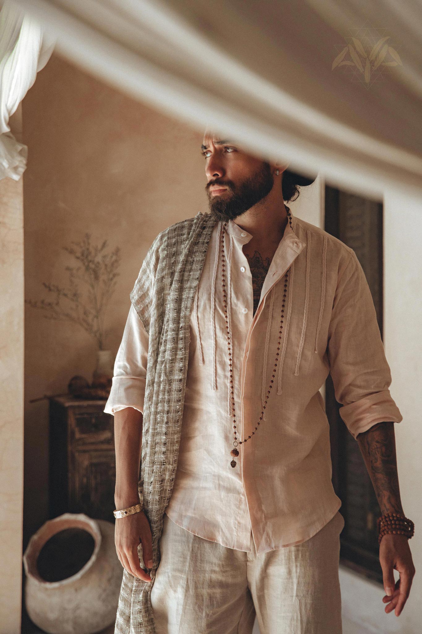 Pale Pink Linen Shirt for Men with Handmade Braids - AYA Sacred Wear