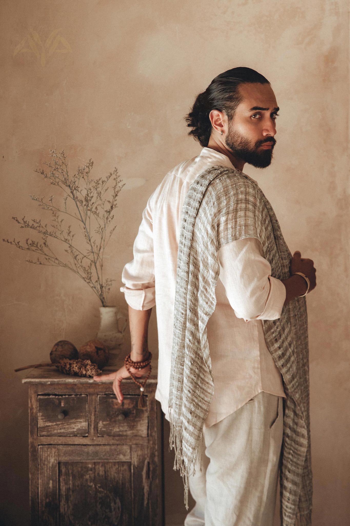 Pale Pink Linen Shirt for Men with Handmade Braids - AYA Sacred Wear
