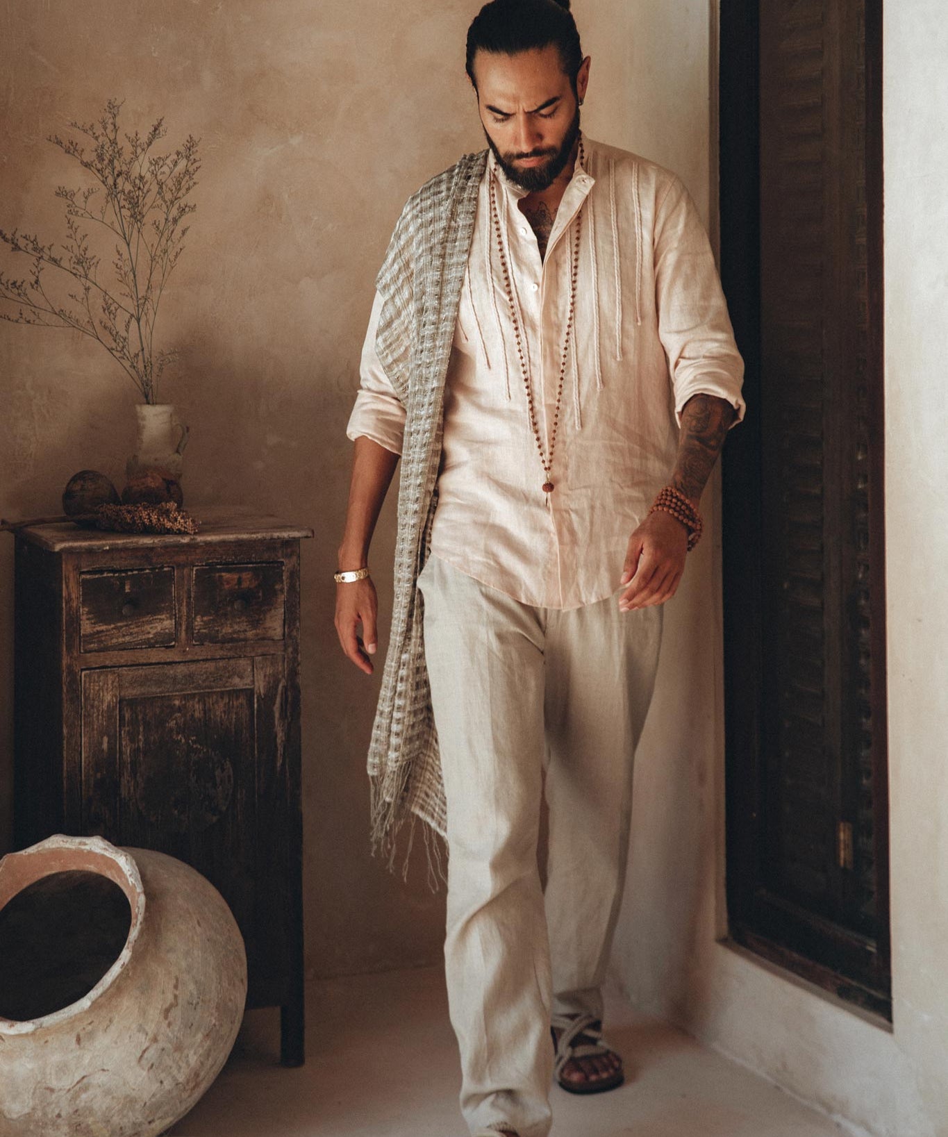 Pale Pink Linen Shirt for Men with Handmade Braids - AYA Sacred Wear