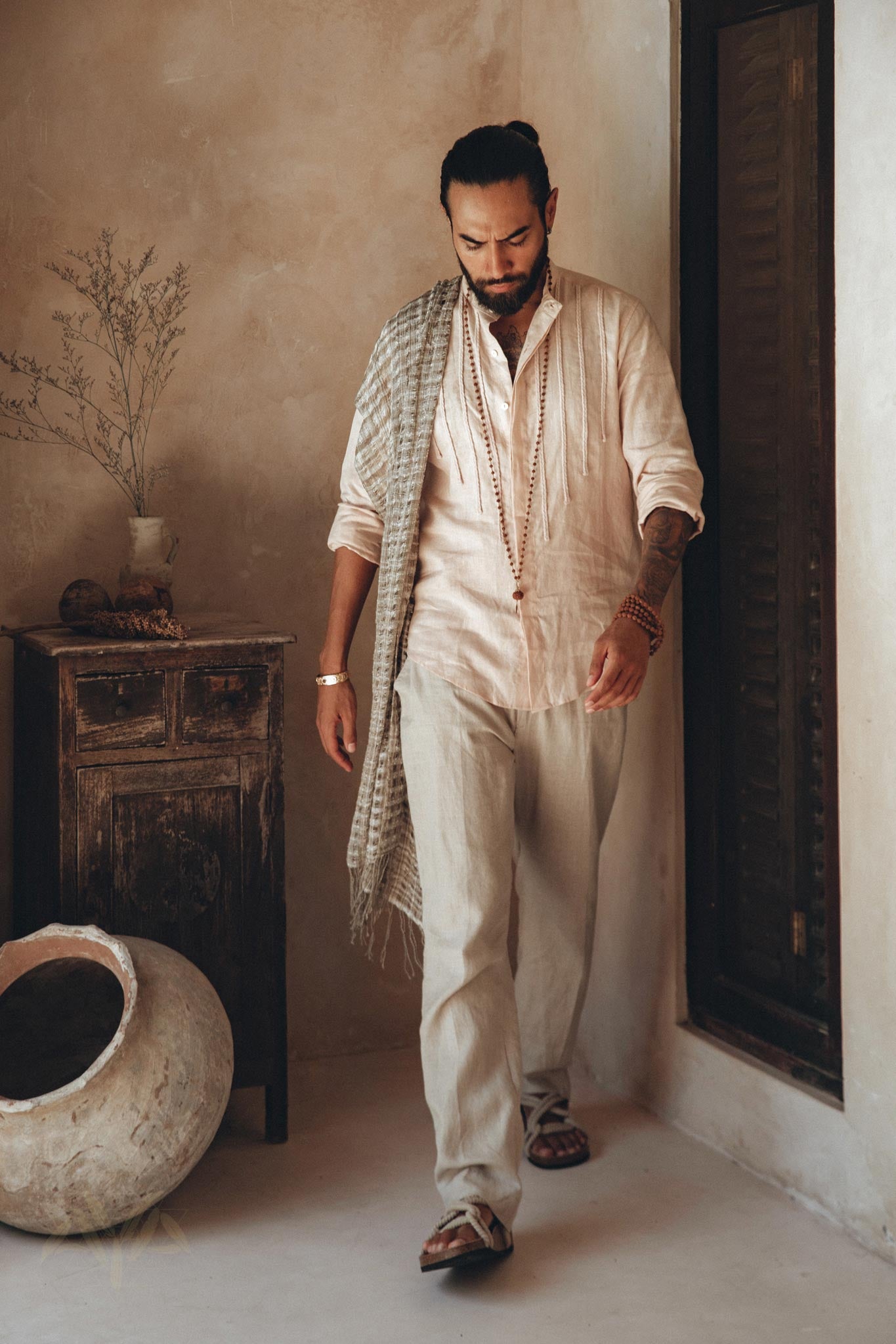 Pale Pink Linen Shirt for Men with Handmade Braids - AYA Sacred Wear