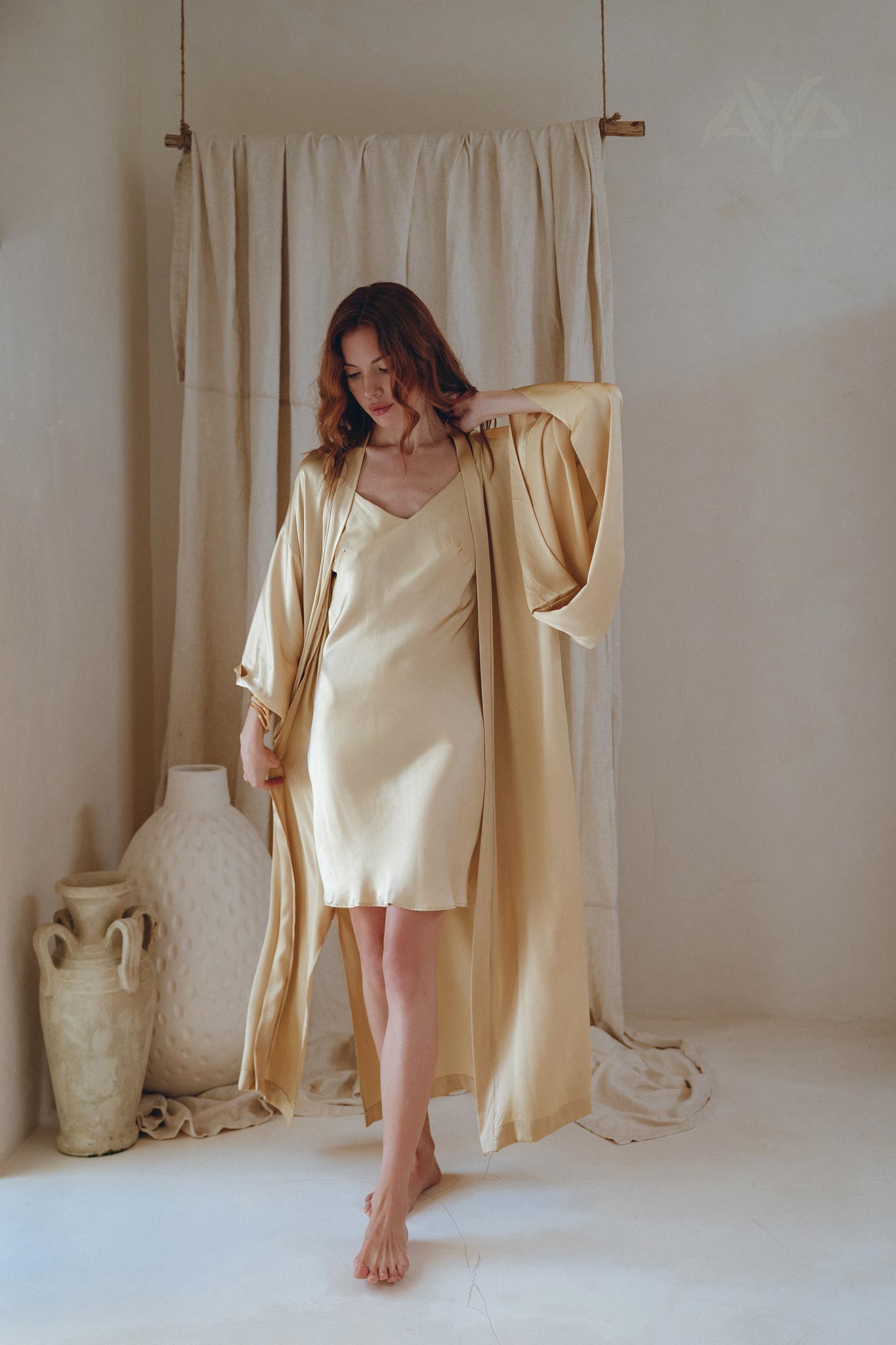Peace Silk Boho Dress • Mini Cocktail Dress • Evening Gold Silk Dress - AYA Sacred Wear