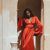 Elegant Feminine Ivory Wedding Dress - Bohemian Style with Empress Waist design and Bell Sleeves.