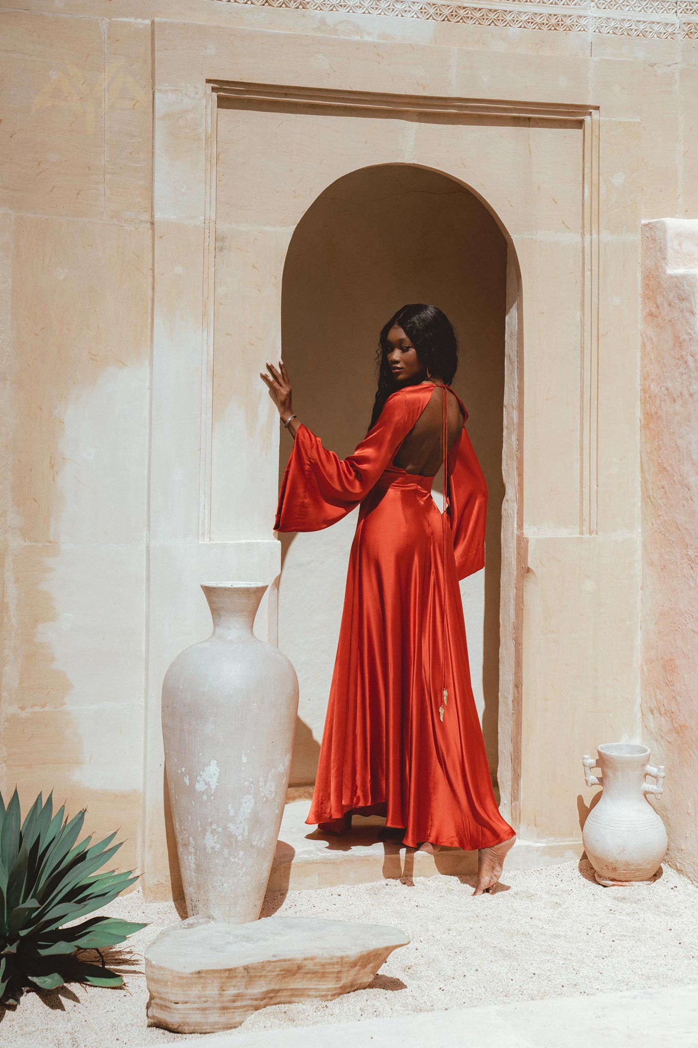 Ivory Shanti Grace Wedding Dress - Bell Sleeves Boho Maxi Gown made with ethically sourced Peace Silk.