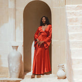 Boho Chic Bell Sleeves Maxi Dress - Crafted with Light Airy Peace Silk and botanically dyed in Red.