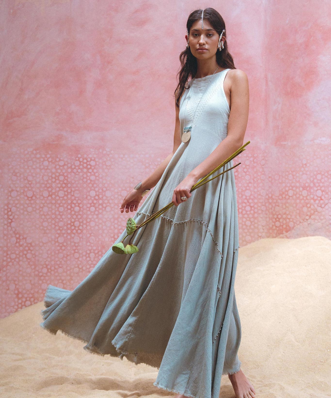 Powder Blue Bhakti Dress • Hand Embroidered Dress • Organic Casual Dress • Goddess Dress - AYA Sacred Wear
