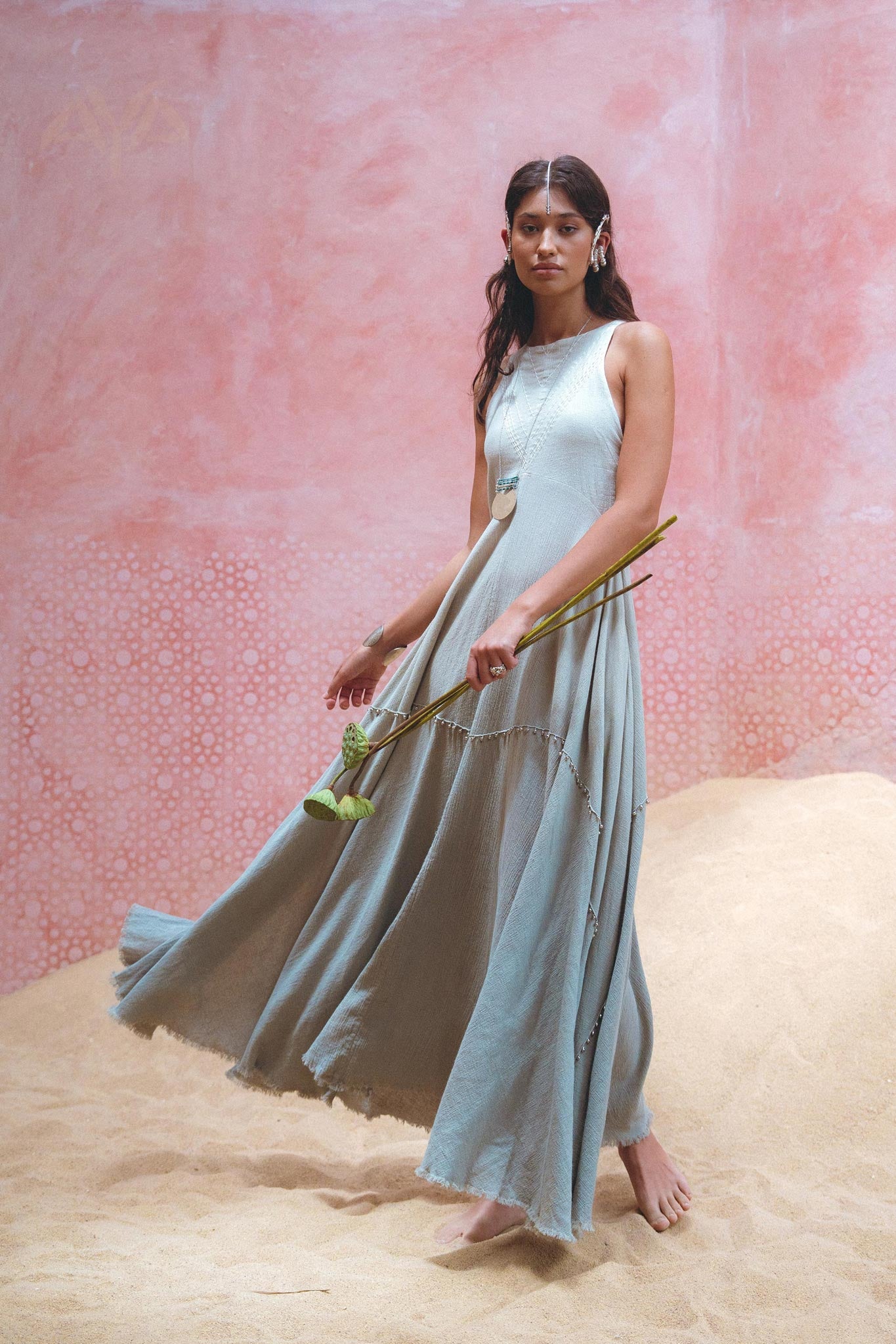 Powder Blue Bhakti Dress • Hand Embroidered Dress • Organic Casual Dress • Goddess Dress - AYA Sacred Wear