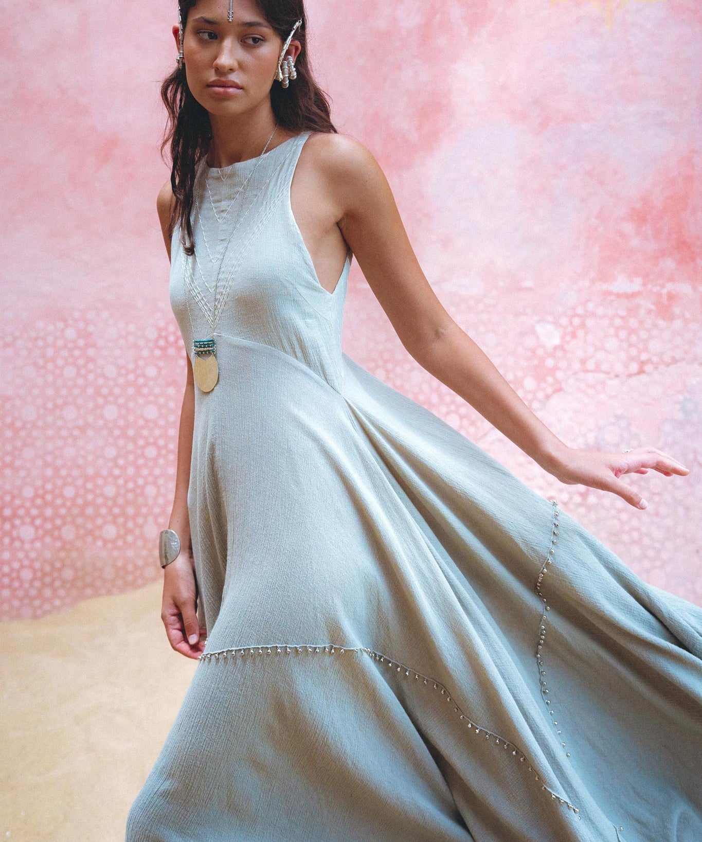 Powder Blue Bhakti Dress • Hand Embroidered Dress • Organic Casual Dress • Goddess Dress - AYA Sacred Wear