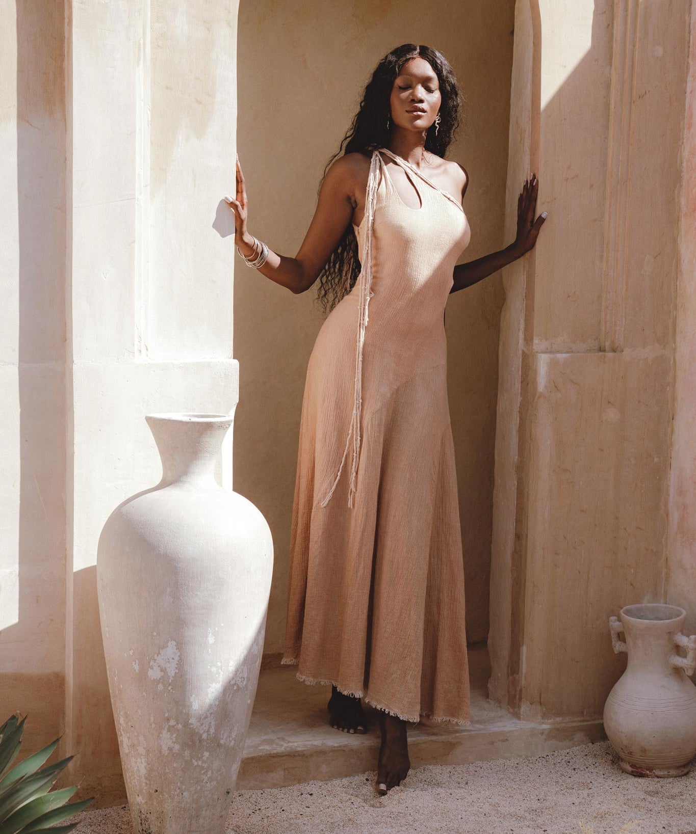 Powder Pink Aisha Dress • Greek Goddess Dress • Asymmetrical Bridesmaid Dress - AYA Sacred Wear