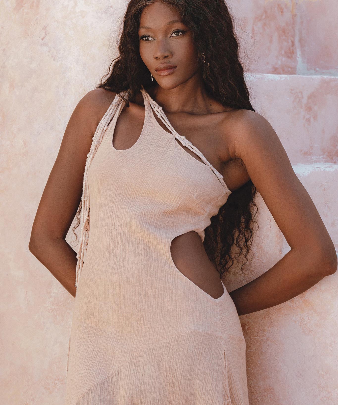 Powder Pink Aisha Dress • Greek Goddess Dress • Asymmetrical Bridesmaid Dress - AYA Sacred Wear