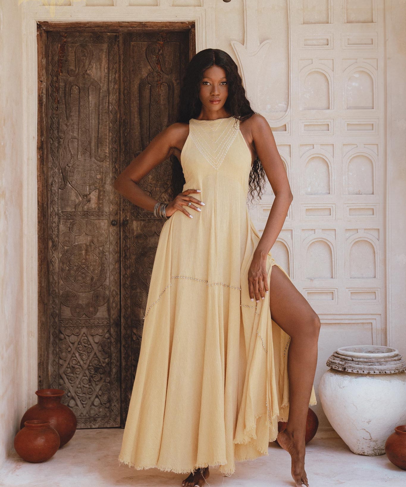 Powder Yellow Bhakti Dress • Boho Jingle Bells Dress • Organic Casual Cocktail Dress - AYA Sacred Wear