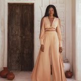 Bohemian Adjustable Top & Palazzo-Styled Pants Set in Organic Powder Pink - Decorated with Natural Chiffon Silk and Seashell Buttons - 100% Sustainable.