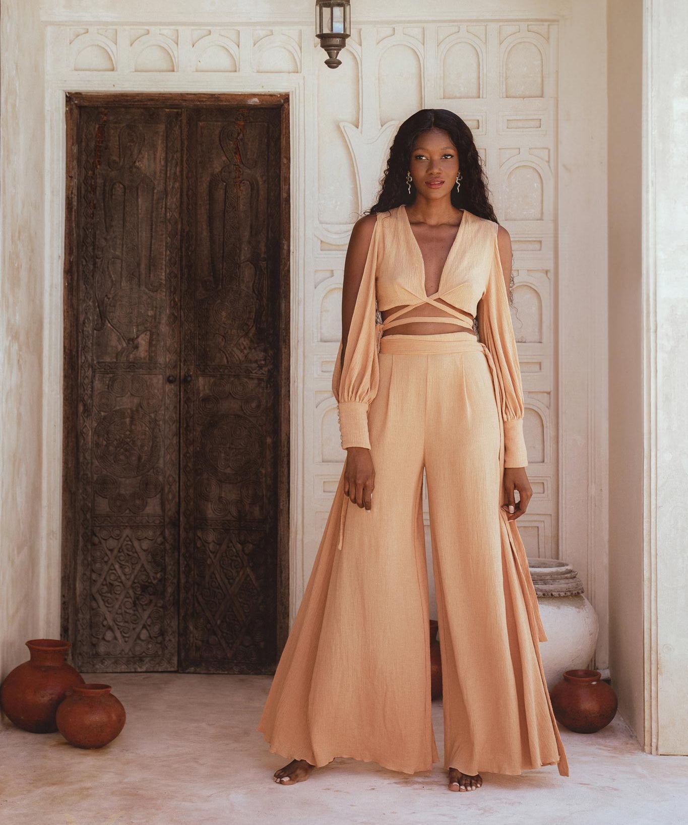 Bohemian Adjustable Top & Palazzo-Styled Pants Set in Organic Powder Pink - Decorated with Natural Chiffon Silk and Seashell Buttons - 100% Sustainable.