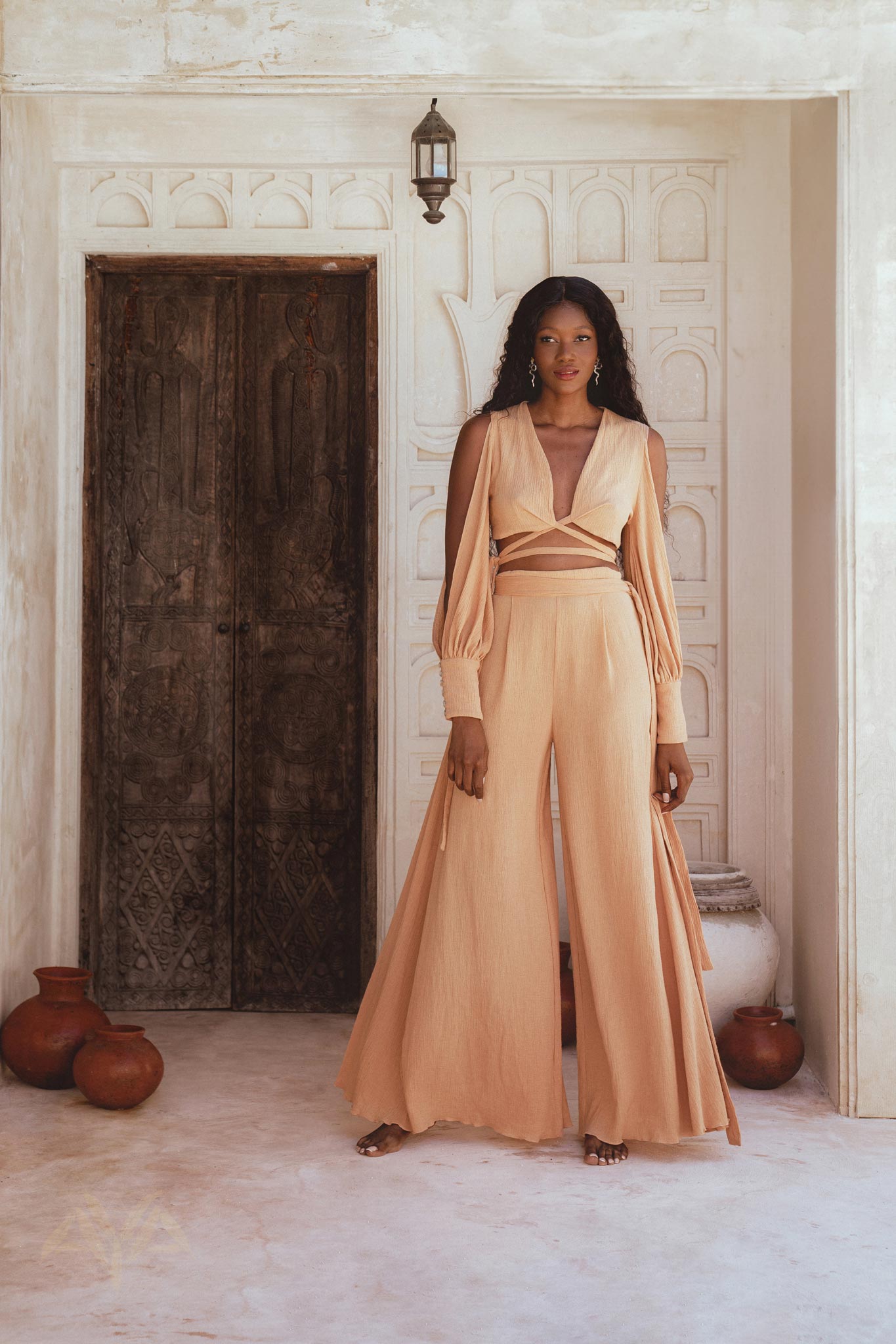 Bohemian Adjustable Top & Palazzo-Styled Pants Set in Organic Powder Pink - Decorated with Natural Chiffon Silk and Seashell Buttons - 100% Sustainable.