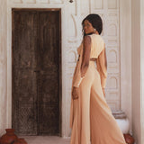 Boho Open Shoulders Powder Pink Top & Pants for Women - 100% Sustainable Linen Cotton - Natural Silk Lining, Seashell Buttons, Wide Pants Style