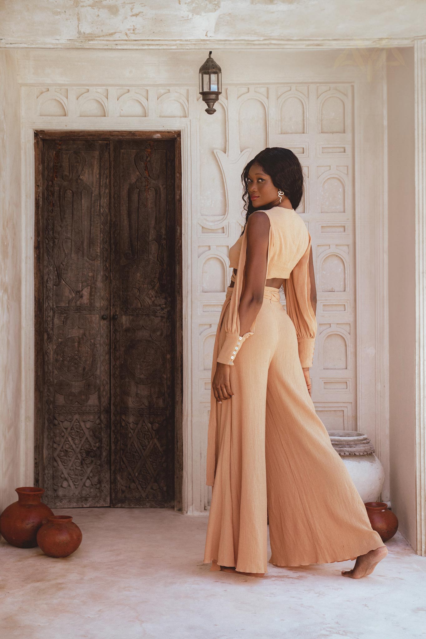 Boho Open Shoulders Powder Pink Top & Pants for Women - 100% Sustainable Linen Cotton - Natural Silk Lining, Seashell Buttons, Wide Pants Style