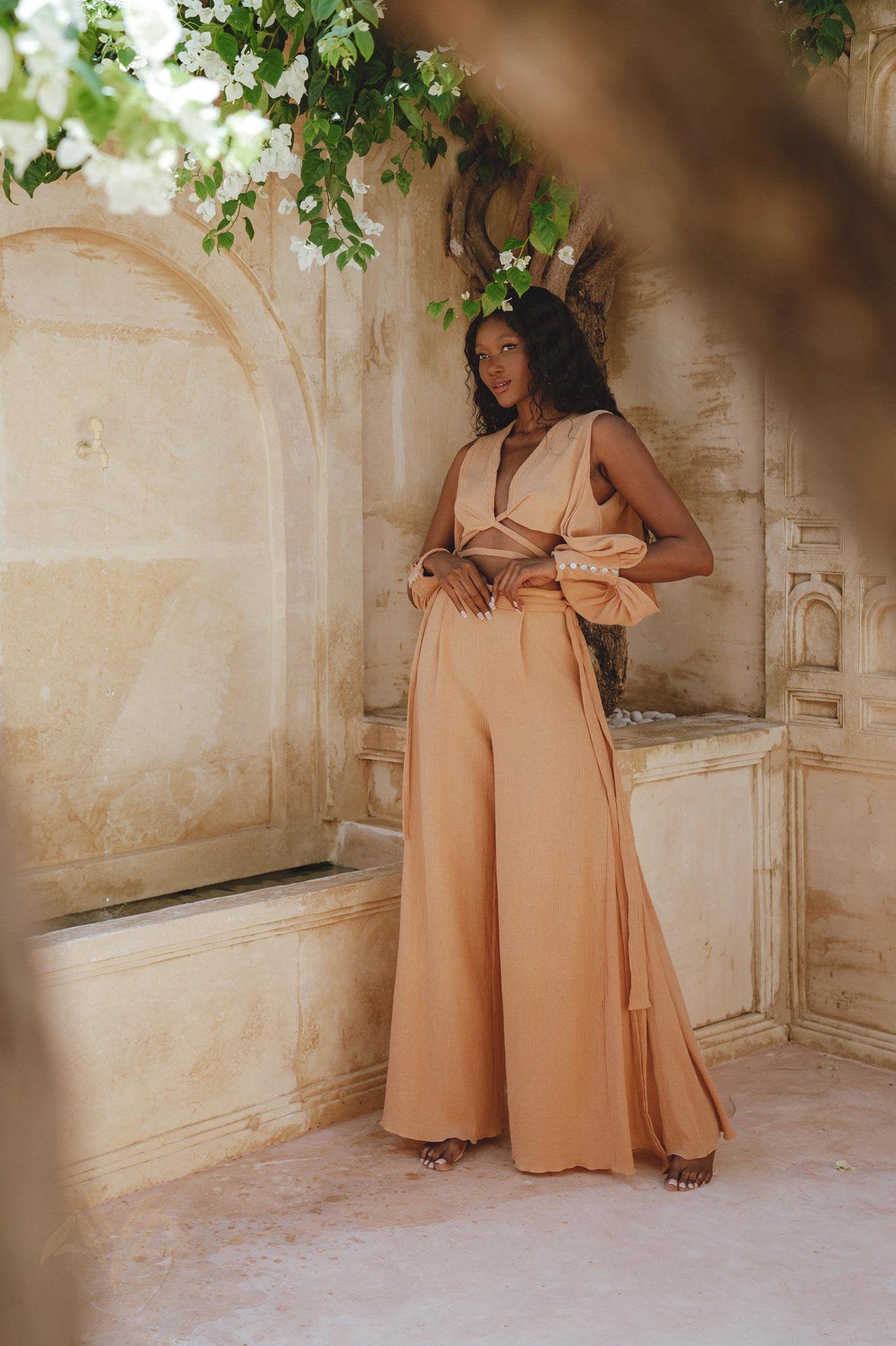 Powder Pink Organic Boho Set for Women - Crop Top with Open Shoulders and Palazzo Pants - Made of 70% Linen, 30% Cotton - Botanically Dyed