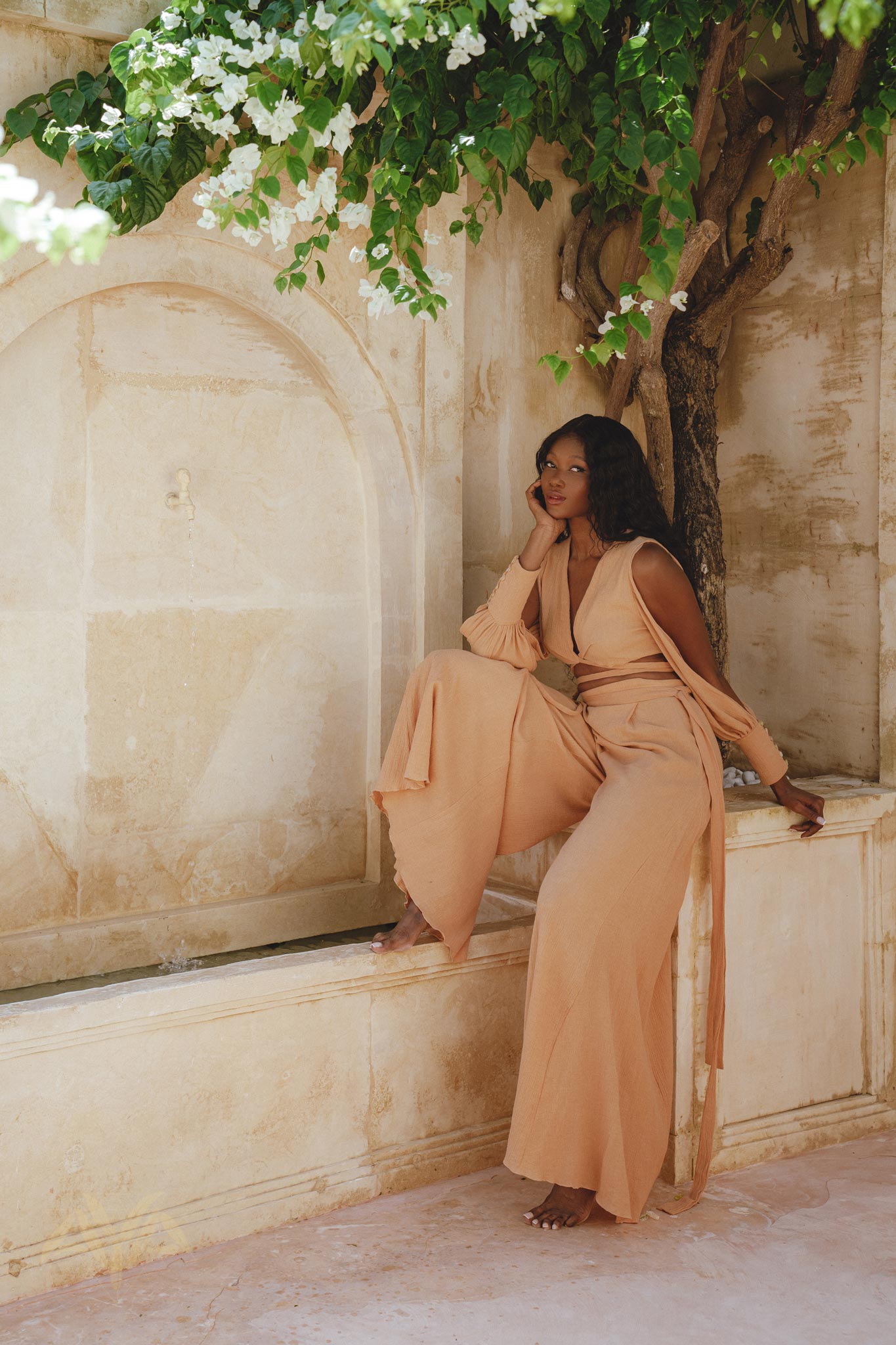 Women's Organic Powder Pink Boho Top & Trousers - Adjustable Set with Open Sleeves and Seashell Buttons - 70% Linen, 30% Cotton, Botanical Dye.