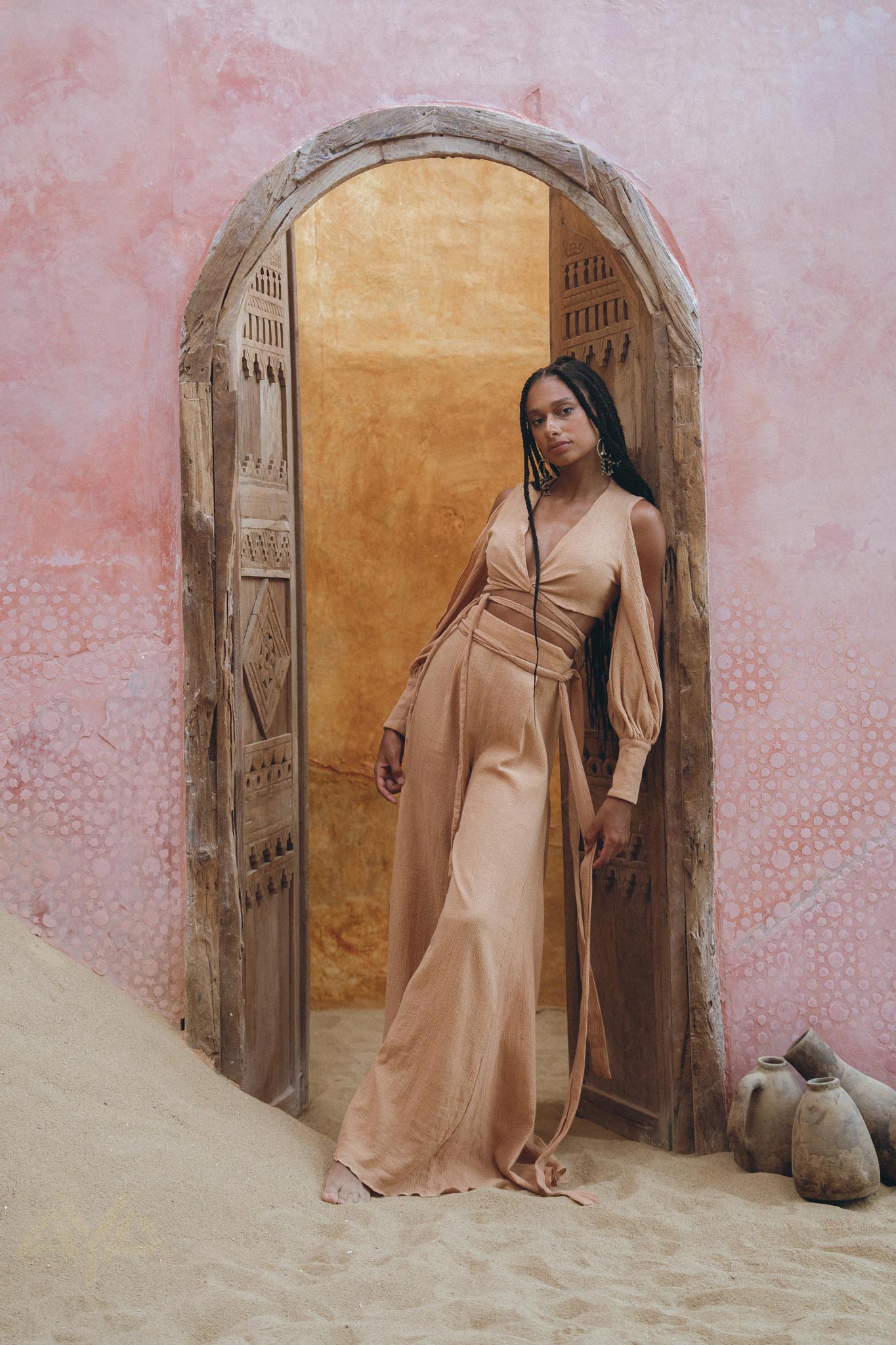 Feel Comfortable & Stylish in this Powder Pink Organic Boho Top & Trousers for Women by aya sacred wear 