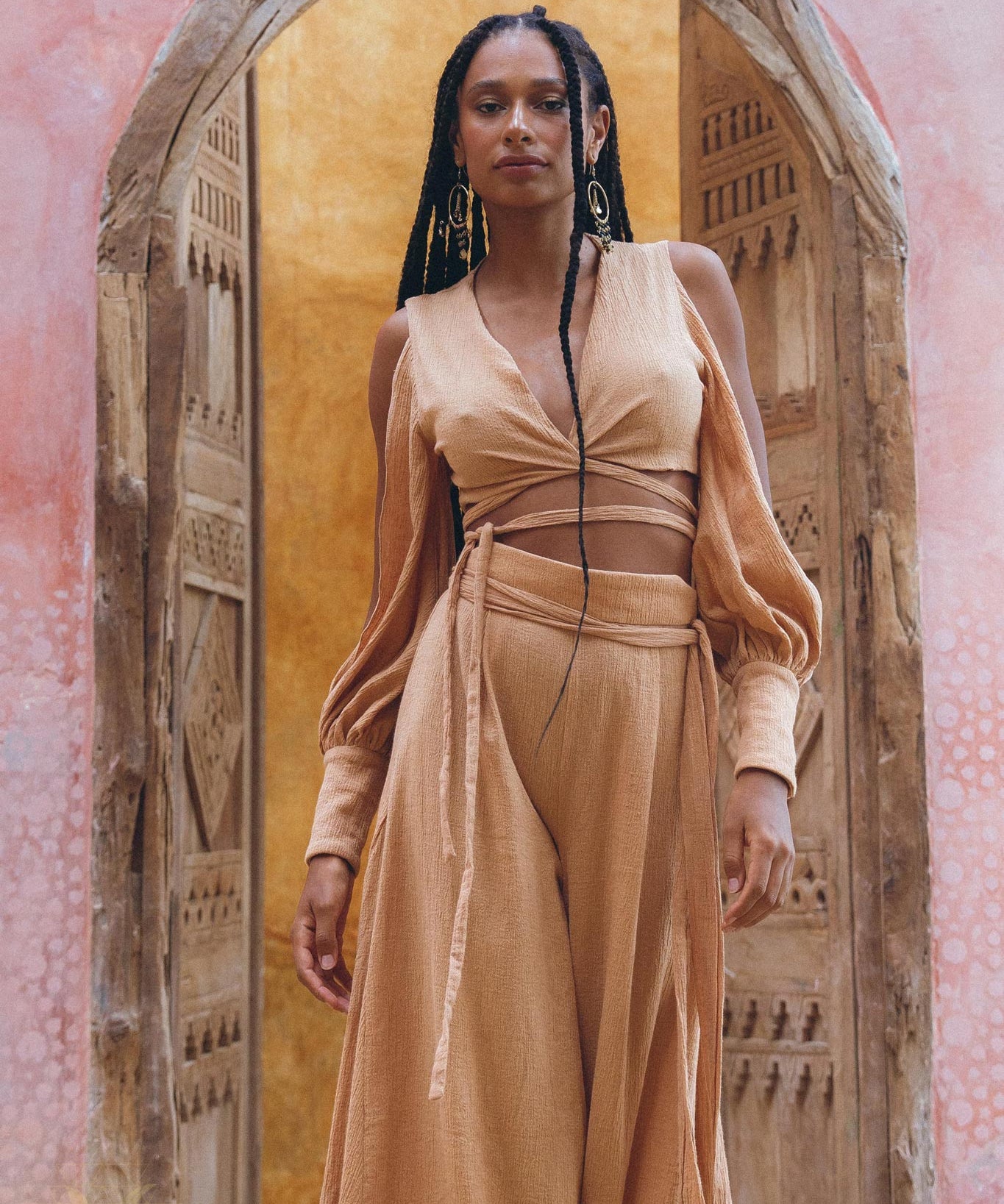 Enhance Your Natural Beauty with this Powder Pink Organic Boho Top & Trousers for Women by aya sacred wear 