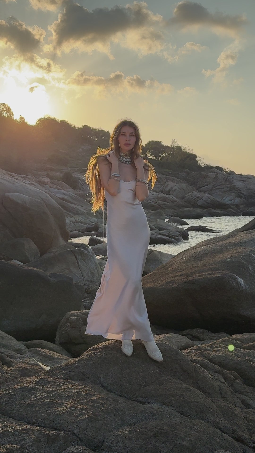 Mist Blue Peace Silk Maxi Slip Dress WD061 NBL — movement video