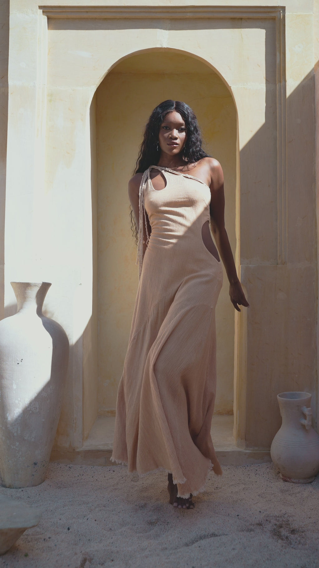 Feel confident and beautiful in Aya Sacred Wear's powder pink Grecian dress.