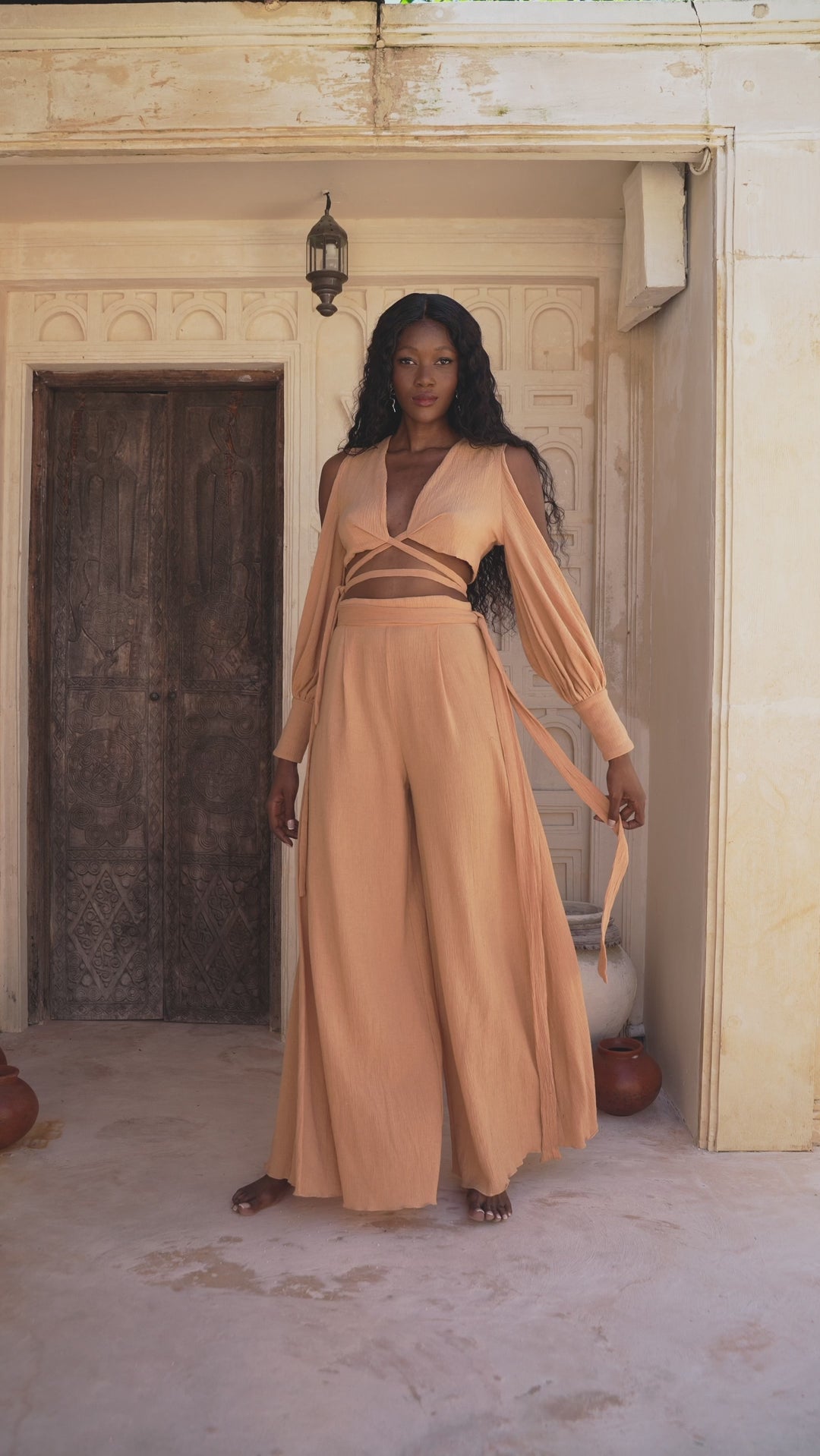 Explore the Organic Boho Top & Trousers Set for Women in Powder Pink – A Bohemian-inspired look with Open Shoulders, Adjustable for Comfort