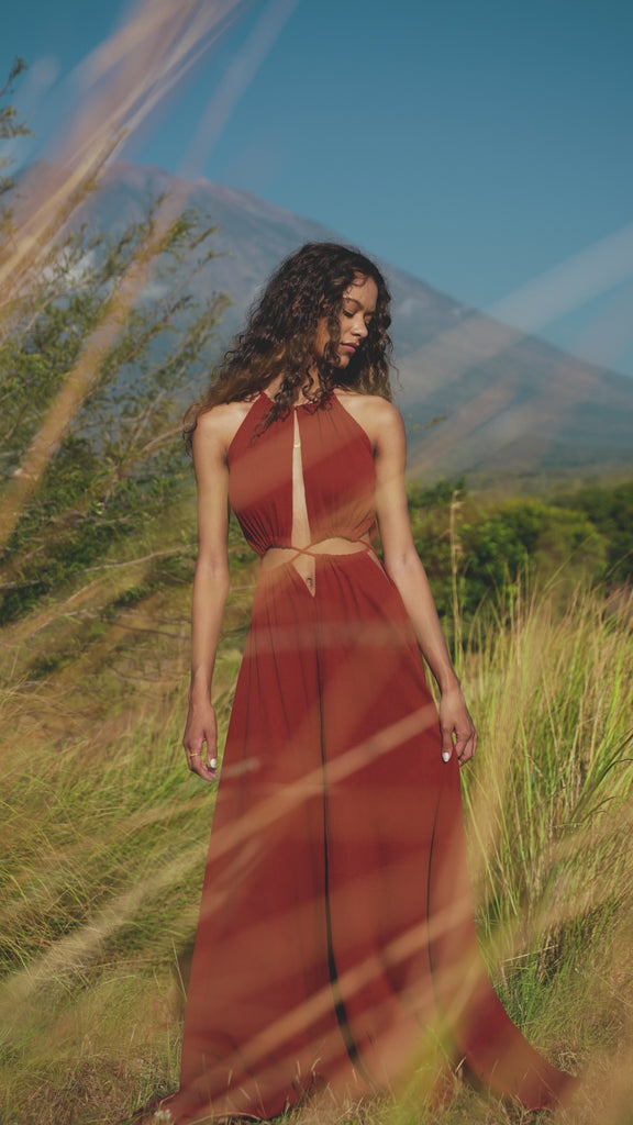 Boho Bridesmaid Dress - Fairy Tale Maxi Dress with Open Back and Adjustable Laces. Ideal for Open Waistline, the Red Wine Goddess Dress for Women.