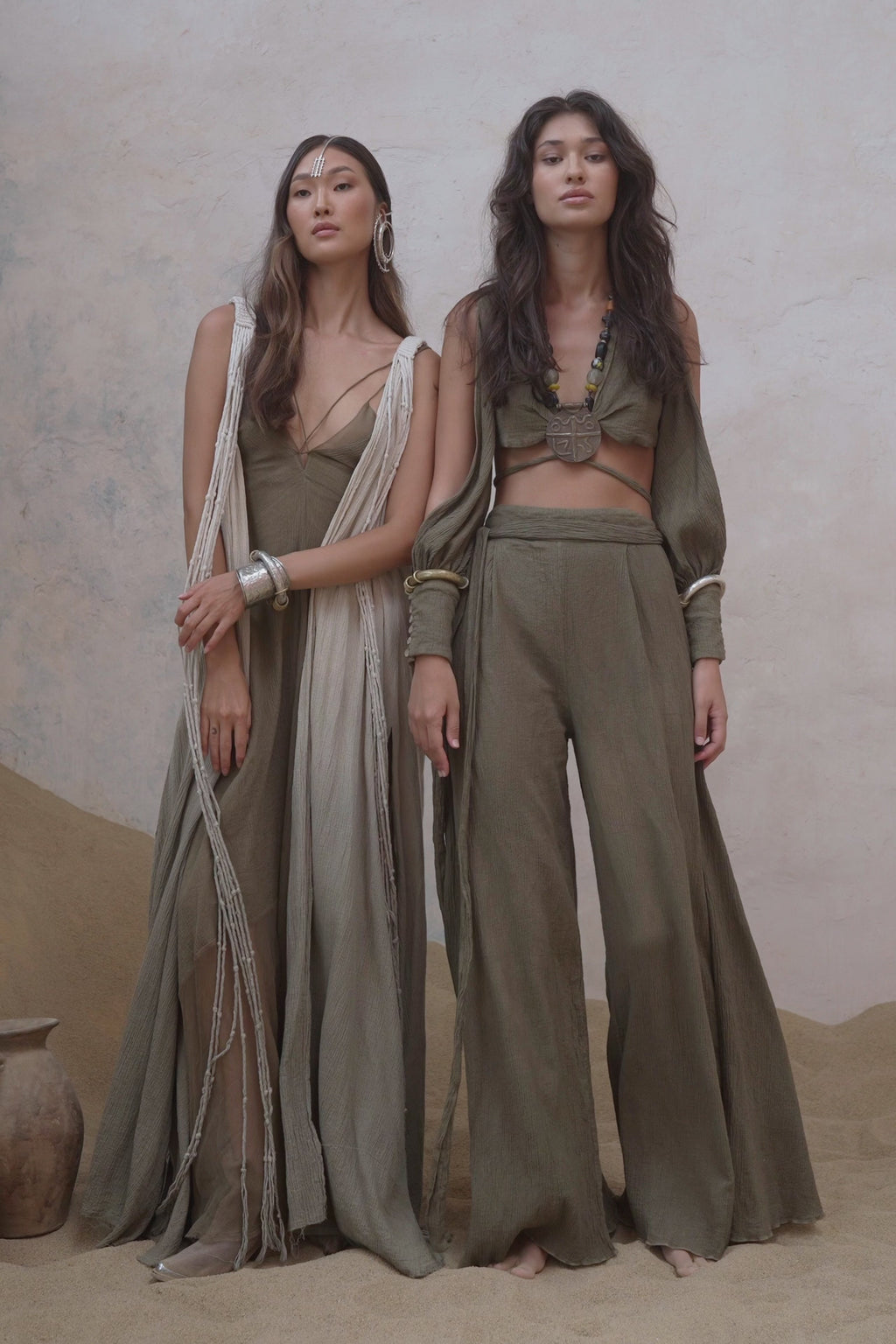 Check out Aya Sacred Wear's Sage Green Boho Crop Top and Pants for a trendy look.