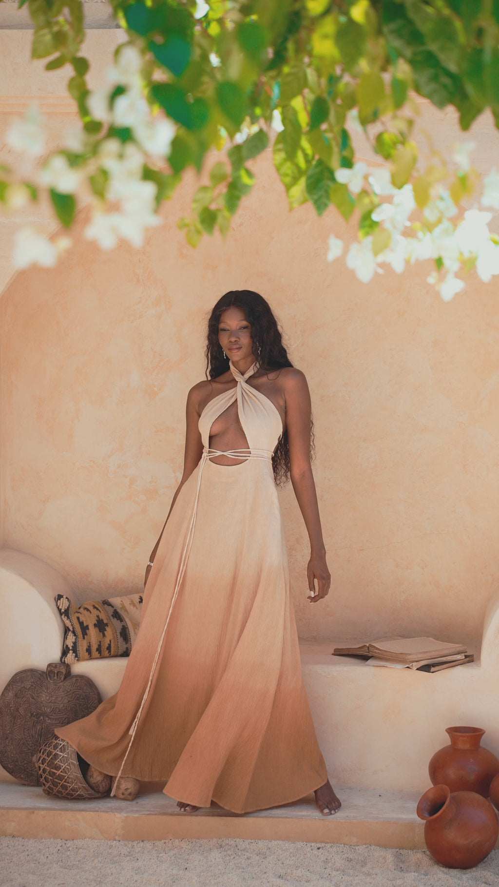 A visual glimpse of our Bohemian Adjustable Dress; Powder Pink in color for weddings or proms, displaying the eco-friendly ombre Aphrodite style created with natural dye processes and premium Organic Linen & Cotton.