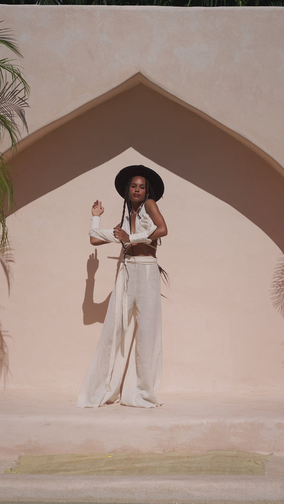 Find your perfect outfit with this stunning off-white boho set top and pants from Aya Sacred Wear.