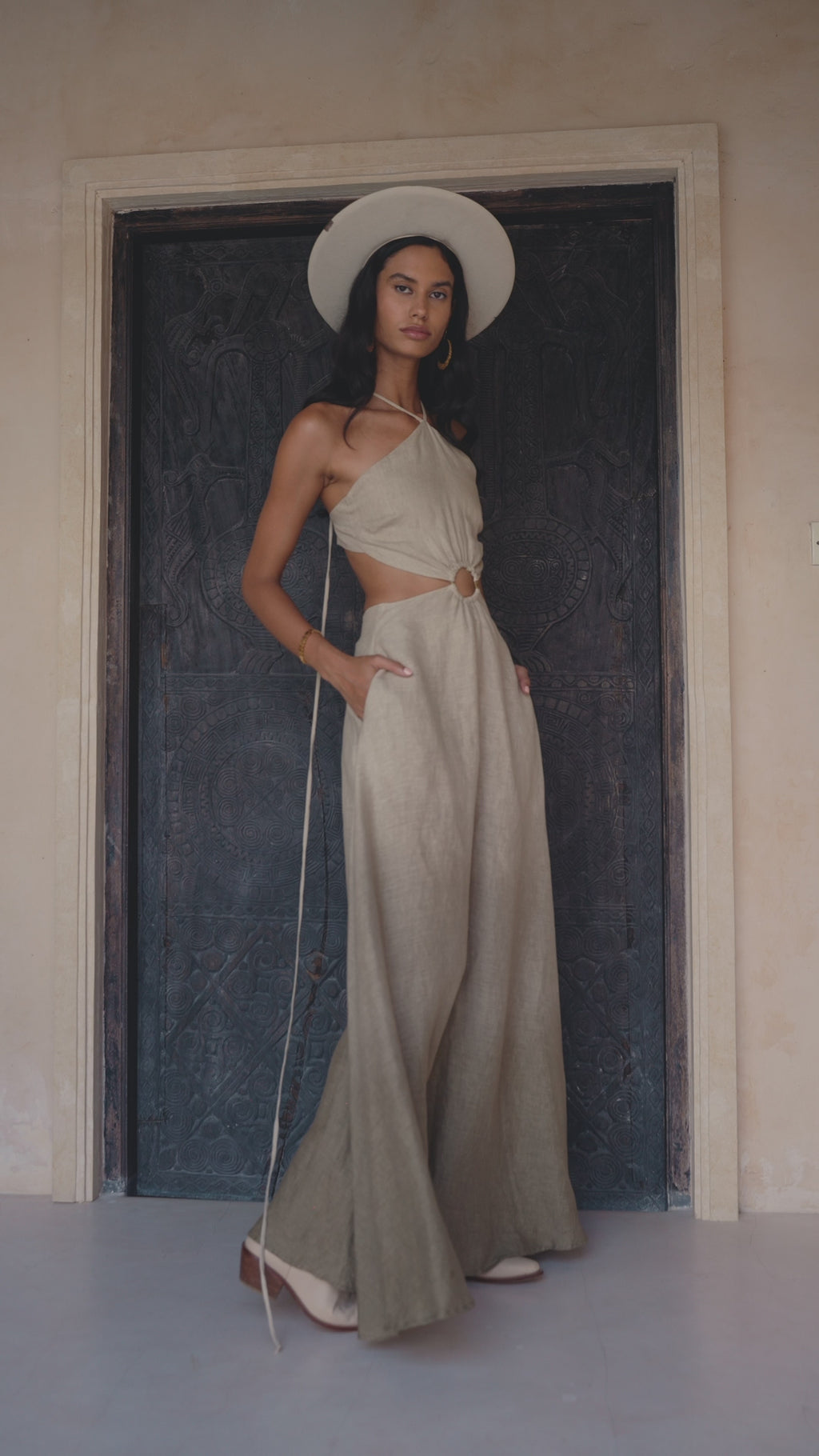Ombre Party Dress in Sage Green and Grey - Unique Goddess style with open back and sides, made from breathable organic linen, tailored to fit and comfort.