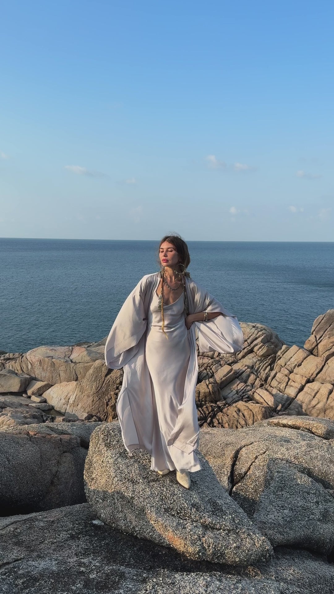 Mist Blue Ahimsa Peace Silk Long Robe Kimono WCRN J004 NBL — movement video