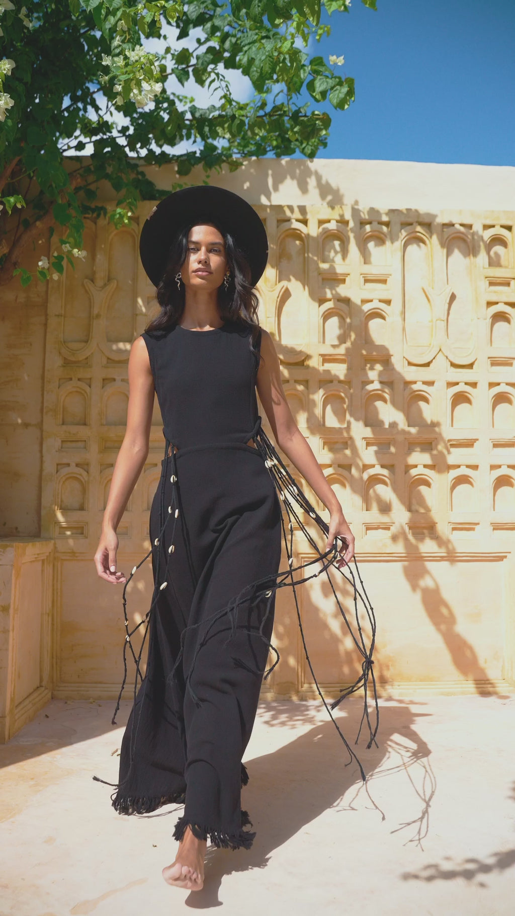 Showcase of Organic Casual Dress in A-Line cut; Black Boho Goddess with Open Sides Macrame Robes, perfect for cocktails and casual wear.