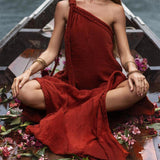 Red Aurora Greek Goddess Dress • Boho Macrame Dress • Boho Sustainable Dress - AYA Sacred Wear