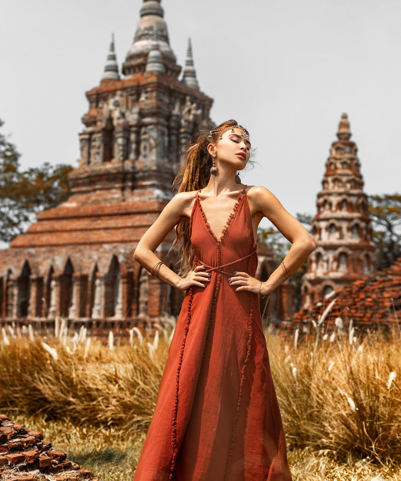 Red Boho Bridesmaid Dress • Casual Cocktail Dress • Red Wedding Guest Dress • Handmade Goddess V Neck Dress - AYA Sacred Wear